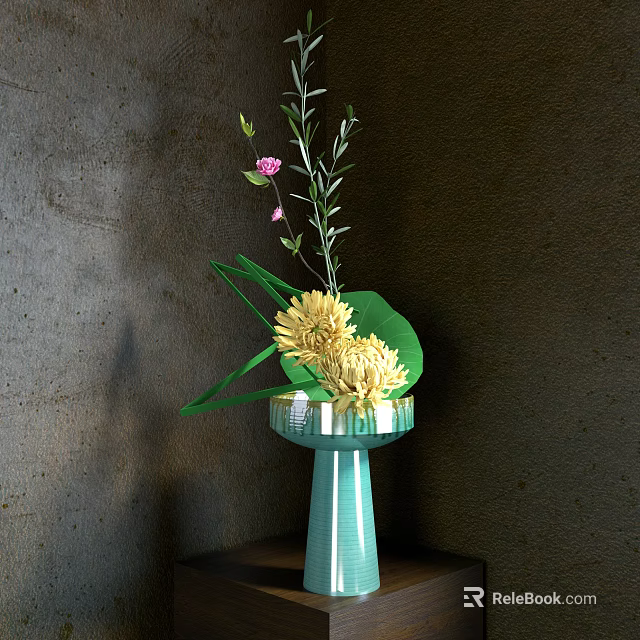 Natural Style Decorative Ornament Set With Green Vase Yellow Flowers And Pink Blossoms 3d model 