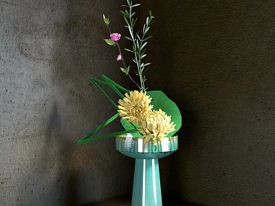 Natural Style Decorative Ornament Set With Green Vase Yellow Flowers And Pink Blossoms 3d model