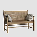 Wooden Outdoor Bench With Perforated Backrest Striped Cushions And Light Wood Tone