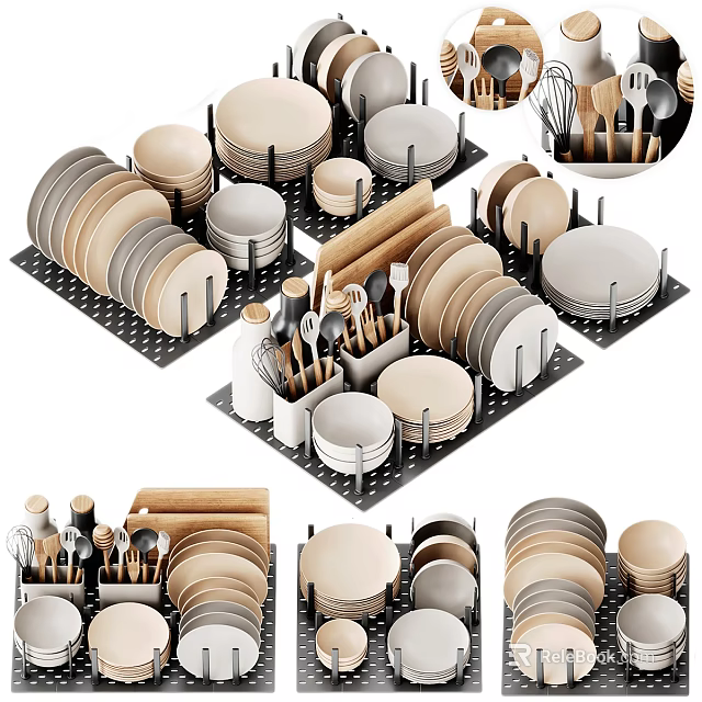 Practical Modern Tableware Set with Plates Bowls Utensils and Metal Storage Racks 3d model 