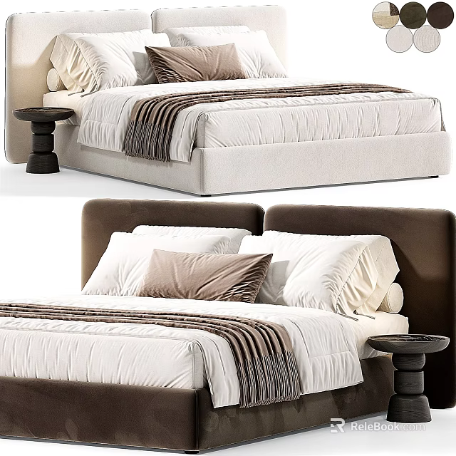 Modern Double Bed With Dark Brown Headboard Striped Runner And Side Table 3d model 
