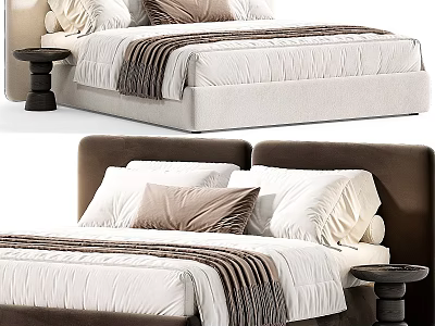 Modern Double Bed With Dark Brown Headboard Striped Runner And Side Table 3d model