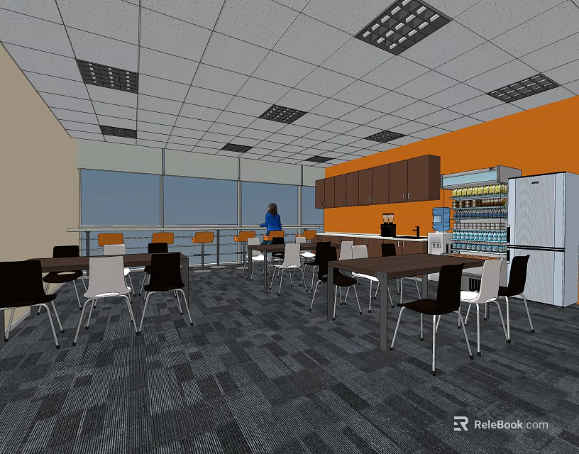 Modern Break Room Interior With Tables Chairs Cabinets Refrigerator And Windows 3d model 