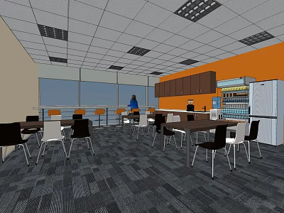 Modern Break Room Interior With Tables Chairs Cabinets Refrigerator And Windows 3d model
