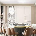 Modern Round Dining Table Set With Marble Top And Eight Beige Chairs On Rug