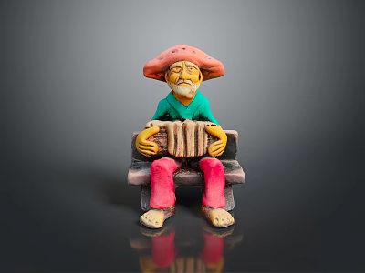 Colorful Clay Statue of Man in Hat Sitting on Bench Playing Accordion 3d model