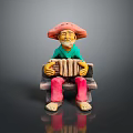 Colorful Clay Statue of Man in Hat Sitting on Bench Playing Accordion