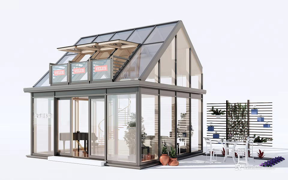 Glass Villa Balcony Design With Transparent Roof And Outdoor Plant Decorations 3d model 