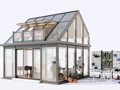 Glass Villa Balcony Design With Transparent Roof And Outdoor Plant Decorations 3d model