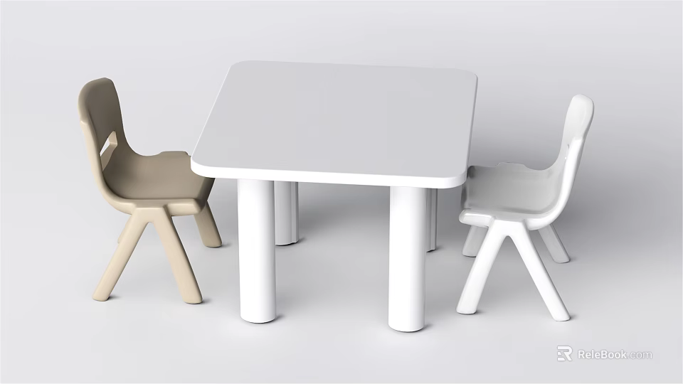 Square White Kids Table With Light Brown And White Chairs For Children 3d model 