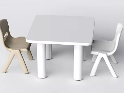 Square White Kids Table With Light Brown And White Chairs For Children 3d model