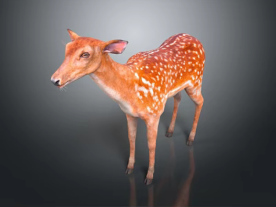 Realistic Spotted Brown Fawn Standing Isolated On Dark Background With Reflection 3d model