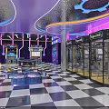 Vibrant Arcade Amusement Park Interior With Neon Lights Checkerboard Floor Game Machines And Token Dispensers