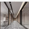 Modern Office Corridor With Glass Partitions Wooden Accents And Carpeted Flooring