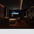 Industrial Bar Interior Design With Brick Wall Hanging Lights Counter Tables And Drink Shelves