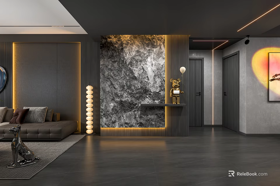 Modern Living and Dining Room Interior Design With Gray Sofa Marble Wall Warm Lighting And Polished Floor 3d model 