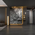 Modern Living and Dining Room Interior Design With Gray Sofa Marble Wall Warm Lighting And Polished Floor