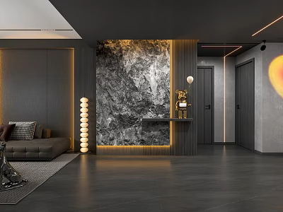 Modern Living and Dining Room Interior Design With Gray Sofa Marble Wall Warm Lighting And Polished Floor 3d model