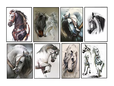 Horse Paintings In Eight Different Artistic Styles Framed Wall Collection 3d model