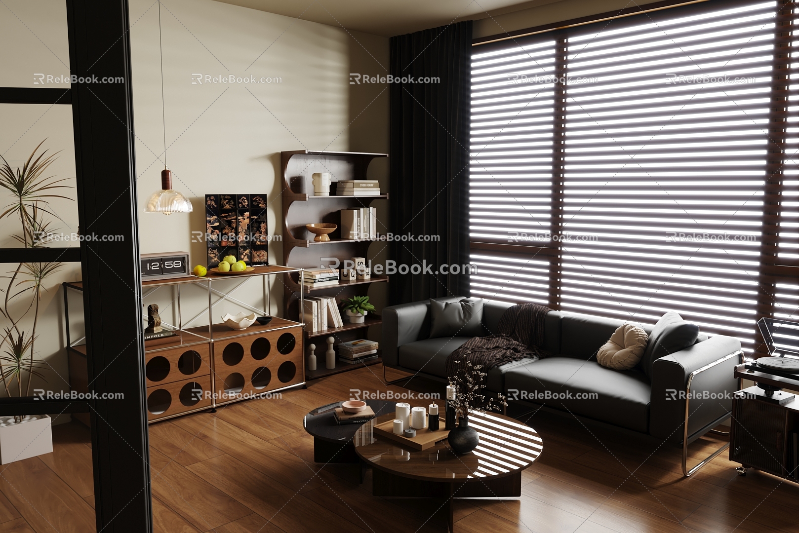 Middle-ancient living room walnut sofa chest of drawers bookshelf coffee table wooden floor shutters model