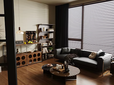 Modern Living Room Interior With Grey Sofa Coffee Table Bookshelf And Window Blinds 3d model