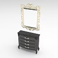 Black Dressing Table with Gold Handles and Ornate Mirror Frame