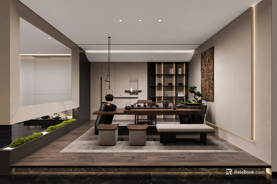 Modern Tea Room Interior With Table Stools Greenery And Cabinets 3d model 