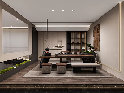 Modern Tea Room Interior With Table Stools Greenery And Cabinets 3d model