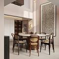 Modern Restaurant Interior With Round Dining Table Chairs Decorative Paintings And Windows