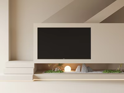 Minimalist TV Background Wall With Built-in TV Shelf Green Plants Stone Decorations And Small Lamp 3d model