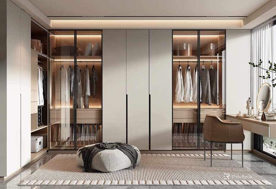 Modern Walk in Closet Interior Design With Glass Door Wardrobes Hanging Garments And Dressing Table 3d model 