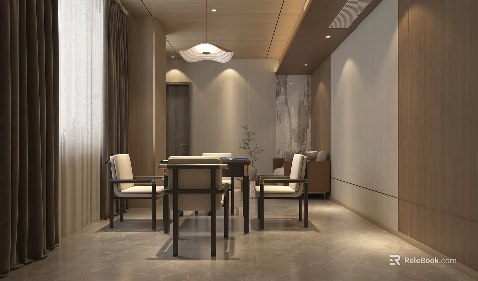 Private Room Interior Design With Dining Table Chairs Pendant Light And Sofa 3d model 