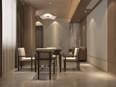 Private Room Interior Design With Dining Table Chairs Pendant Light And Sofa 3d model