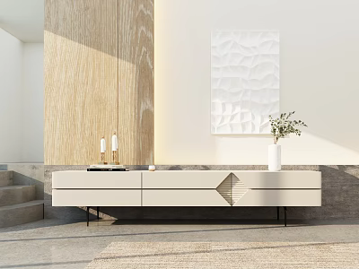 Modern White TV Stand With Drawers Geometric Details Vase Candles And Wall Art 3d model