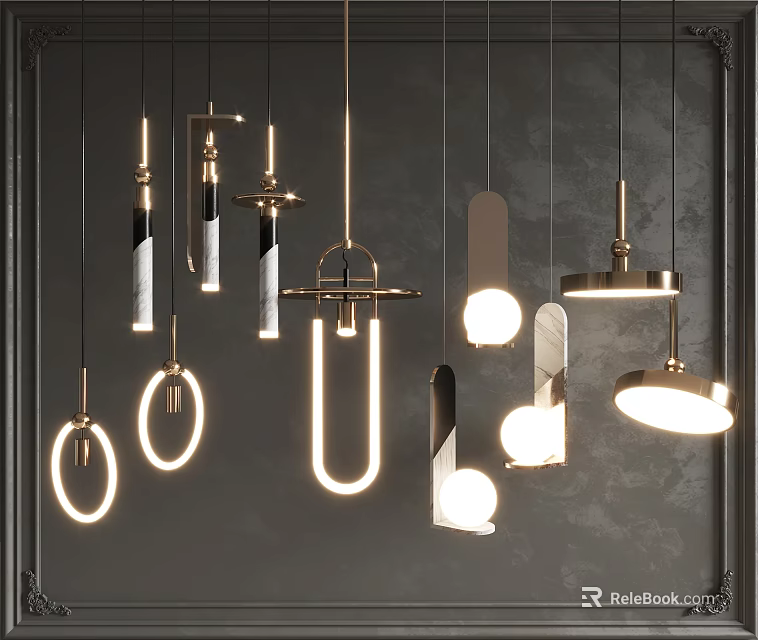 Modern Stylish Pendant Lights With Various Geometric Shapes And Sleek Metal Frames 3d model 