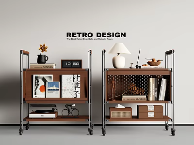Retro Style Wooden Side Table With Metal Frame Wheels And Storage Shelves Decorative Items 3d model
