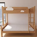 Wooden Bunk Bed With Cloud Shaped Headboard And Ladder By Window With City View