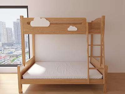 Wooden Bunk Bed With Cloud Shaped Headboard And Ladder By Window With City View 3d model