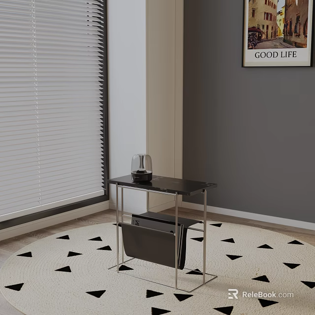 Modern Side Table with Black Top Metal Frame Storage Basket Near Gray Wall and Blinds 3d model 