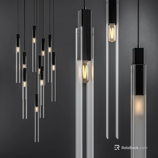 Modern Slim Design Metallic Chandeliers with Black Silver Finish and Warm Light 3d model 