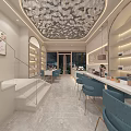 Luxury Beauty Hair Salon with Front Desk Curved Bookshelves Marble Countertops Blue Chairs Pendant Lights