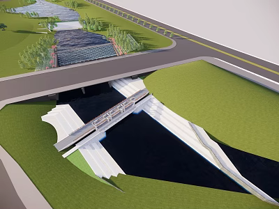 Scenic Waterside Landscape Design With Green Space River Bridge And Pathway 3d model