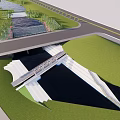 Scenic Waterside Landscape Design With Green Space River Bridge And Pathway