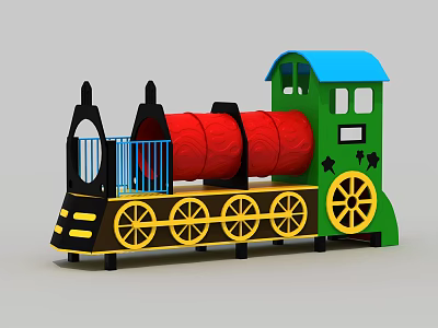 Colorful Children's Playground Train Equipment With Green Engine Blue Roof Red Tunnel And Yellow Wheels 3d model