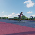 Pink Bicycle Lane Road Facility with Cyclists Guardrails Green Hills and Blue Sky