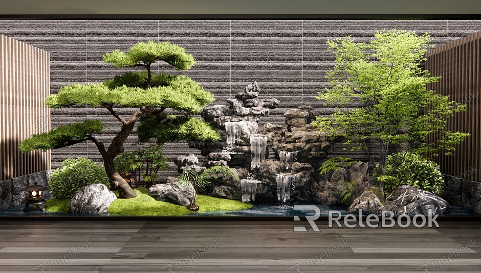 New Chinese-style rockery waterscape courtyard landscape sketch stone pine plant combination indoor landscape landscaping model