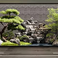 Indoor Landscape With Rockery Waterfall Pine Tree Bamboo Green Plants Gray Wall And Wooden Floor