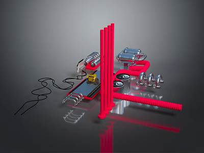 Assorted Red And Silver Metal Gadgets With Dumbbells Curling Iron And Red Rods 3d model