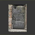 Vintage Wooden Door With Red Brick Walls Damaged Frame Wood Grain And Metal Strips