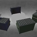 Different Colored Dumpsters With BFI Labels And Stickers On Gray Ground